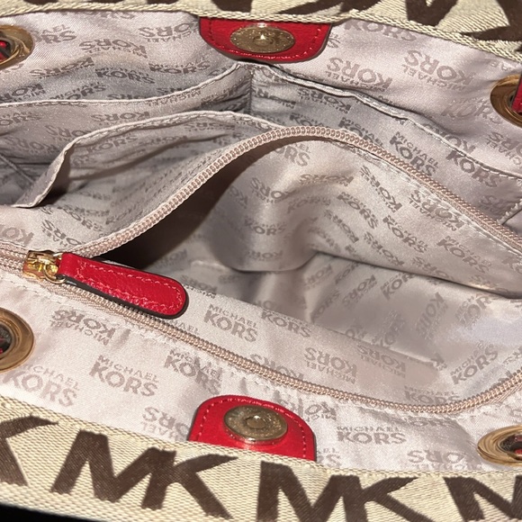 Michael Kors Signature Classic Monogram MK Tall Jet Set Tote in Brown/Tan/Red. - Picture 10 of 11